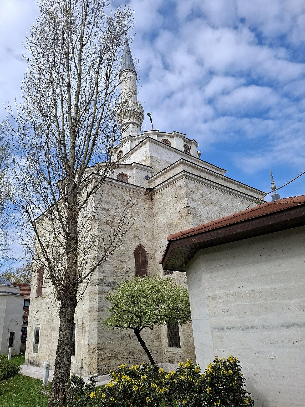 The white Ferhadija Mosque and its minaret in Banja Luka