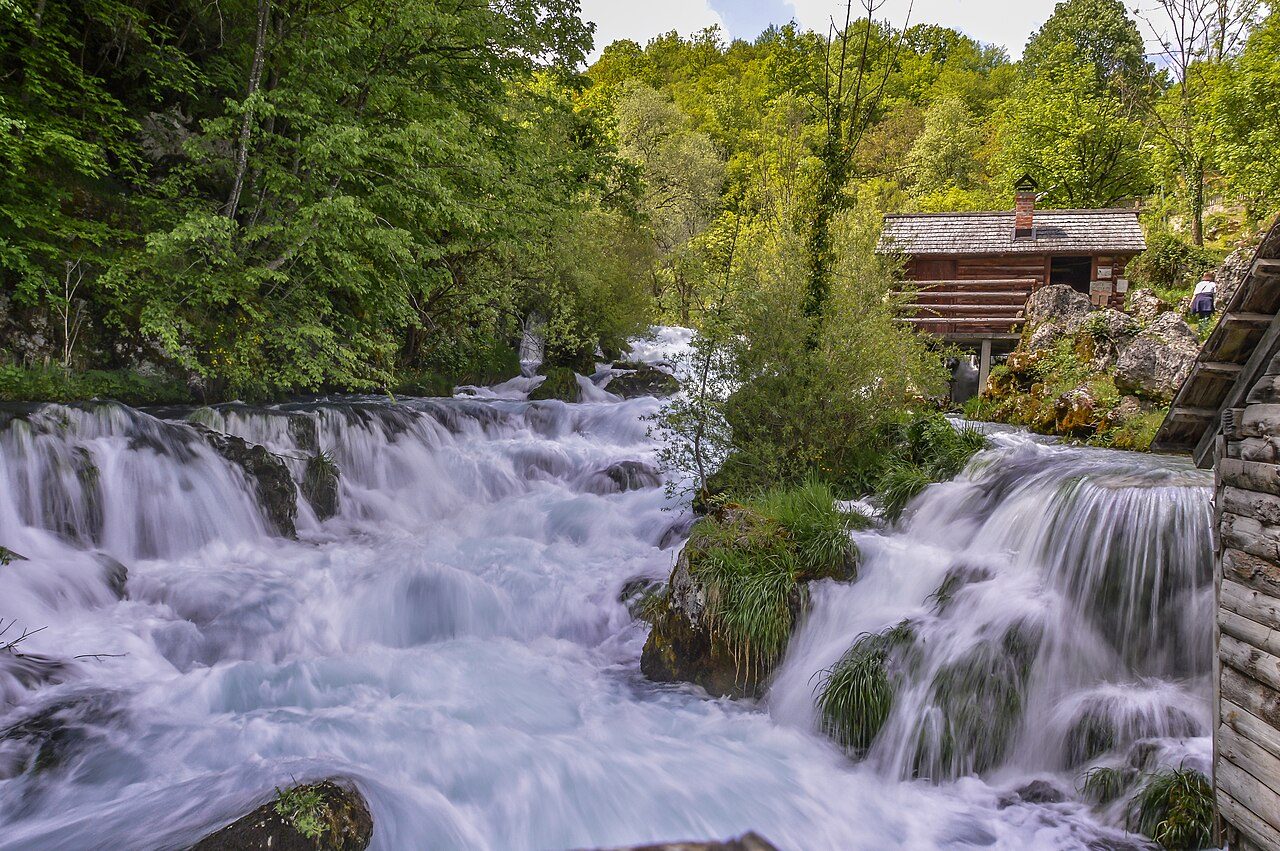 Water rushing past the old wooden watermills at Krupa na Vrbasu