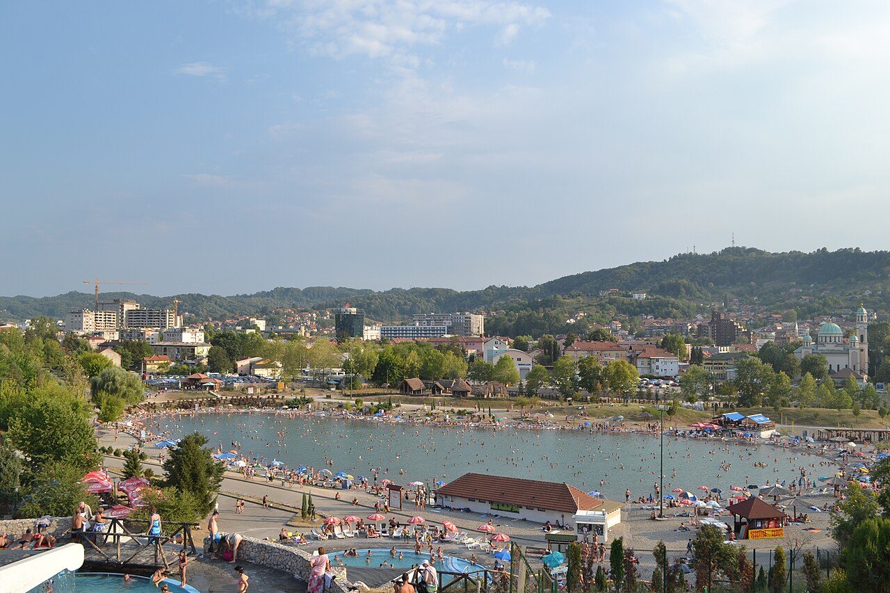 Bathers at the Pannonian salt lakes in the center of Tuzla