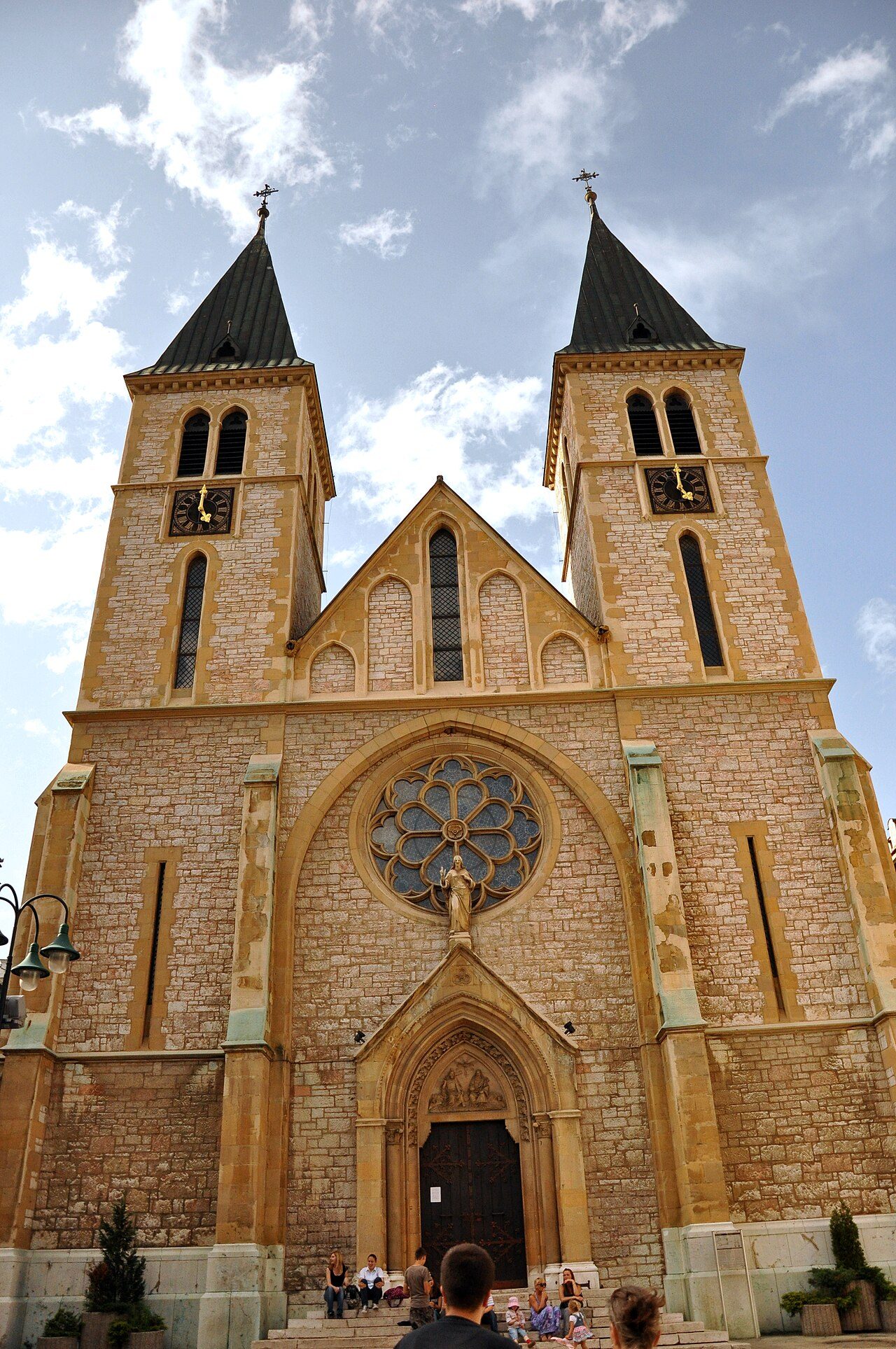 The twin towers and rose window of Sarajevo's Catholic Cathedral of the Sacred Heart