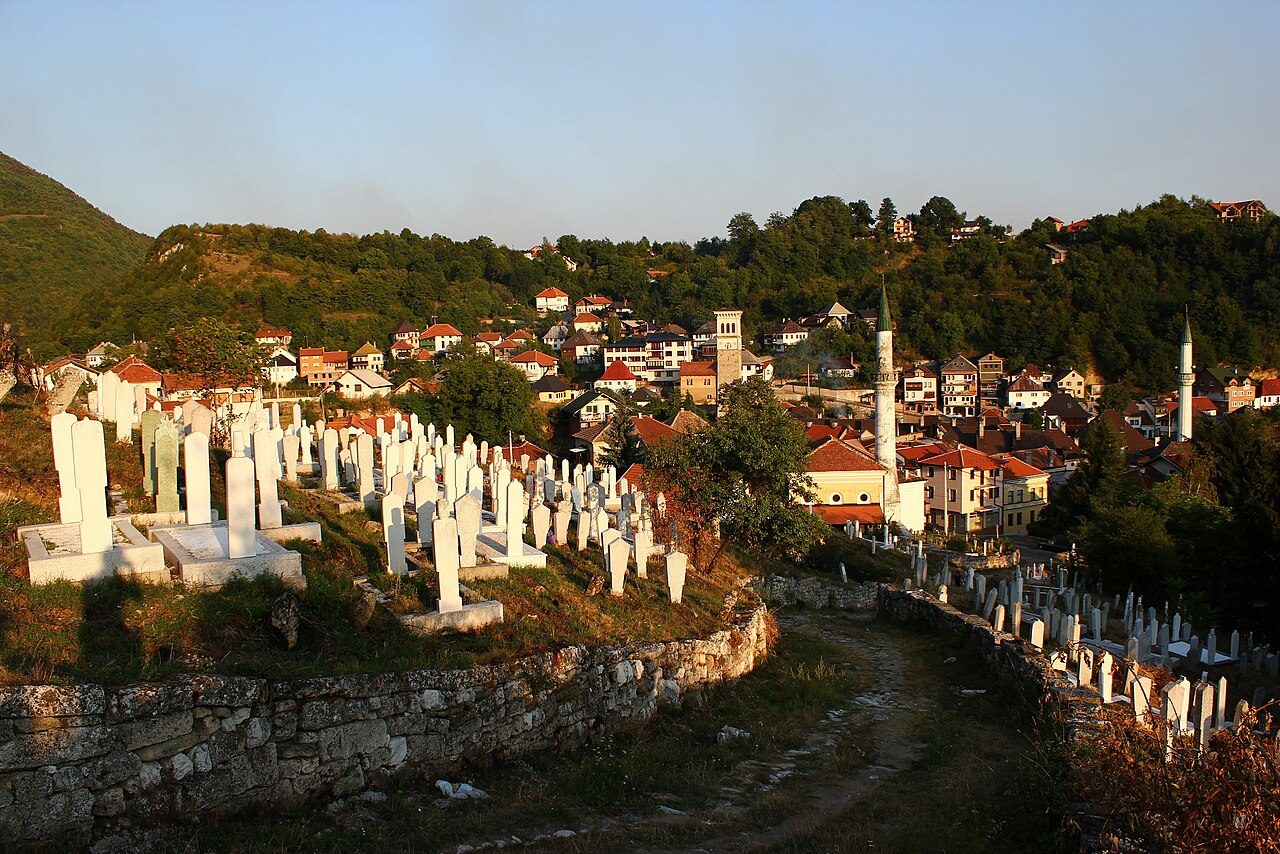 Old Muslim gravestones on the hill above Travnik, with minarets in the old town below